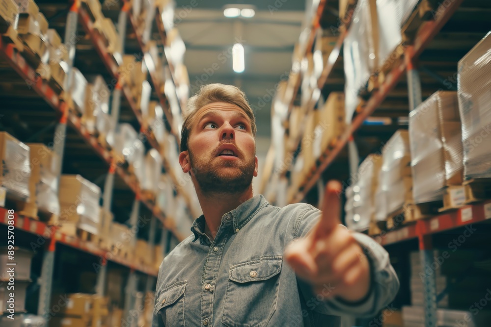 Content warehouse employee pointing at shelves, enthusiastic expression, white background Content warehouse employee pointing at shelves, enthusiastic expression, white background