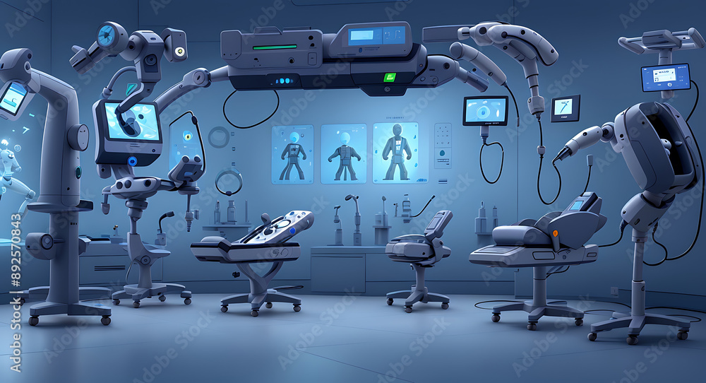 An illustration of futuristic medical equipment and devices, such as robotic surgeons, advanced diagnostic machines, and wearable health monitors. An illustration of futuristic medical equipment and devices, such as robotic surgeons, advanced diagnostic machines, and wearable health monitors.