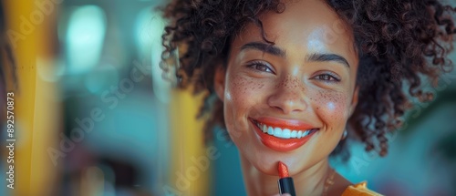 A woman smiling as she applies lip gloss, her reflection vibrant and joyful in the mirror. 