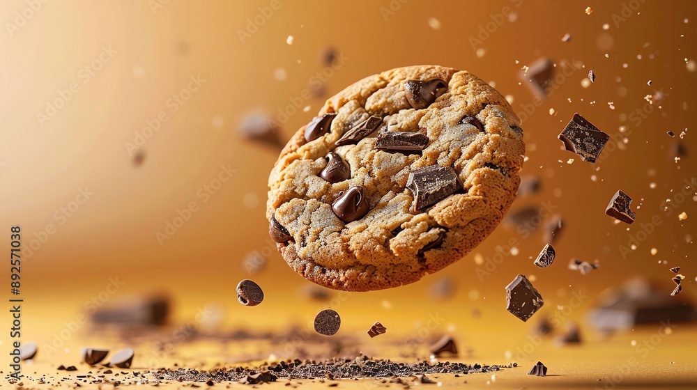 Flying chocolate chip cookie with crumbs and chocolate pieces in the air, isolated on a vibrant background, perfect for a sweet treat in any season Flying chocolate chip cookie with crumbs and chocolate pieces in the air, isolated on a vibrant background, perfect for a sweet treat in any season