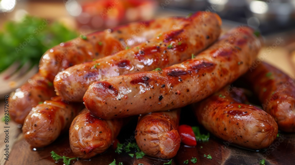Grilled Sausages on Rustic Wooden Board Grilled Sausages on Rustic Wooden Board