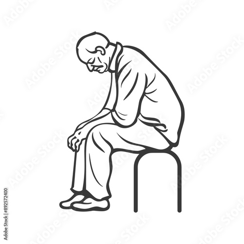 very sad elderly man sitting alone minimalist line art icon logo symbol 