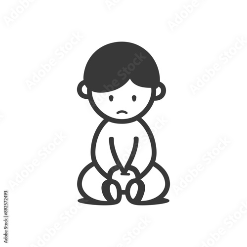 very sad little boy sitting alone minimalist line art icon logo symbol 