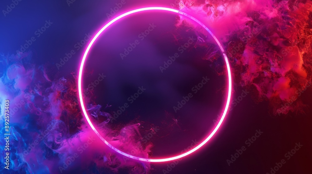 Fototapeta premium Abstract neon background with glowing circular shape and spinning cloud. Blank geometric frame