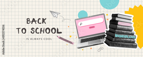Back to school is always cool. Illustration with halftone laptop, stack of books and pencil on checkered paper. Modern trendy design.