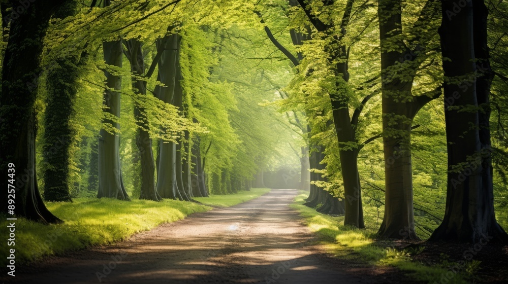 Fototapeta premium Sunlit path through lush green beech trees, springtime ambiance