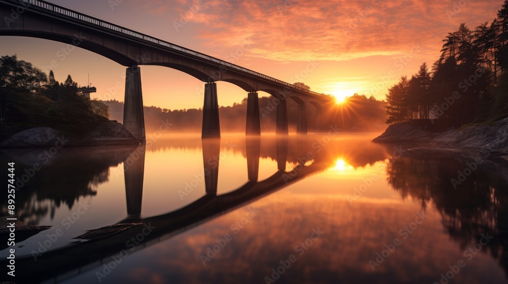 Fototapeta premium Sunrise over a serene bay, long exposure of a bridge reflecting in still waters