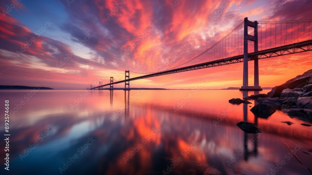 Obraz premium Sunrise paints the sky over a bay, bridge in long exposure with calm water reflections