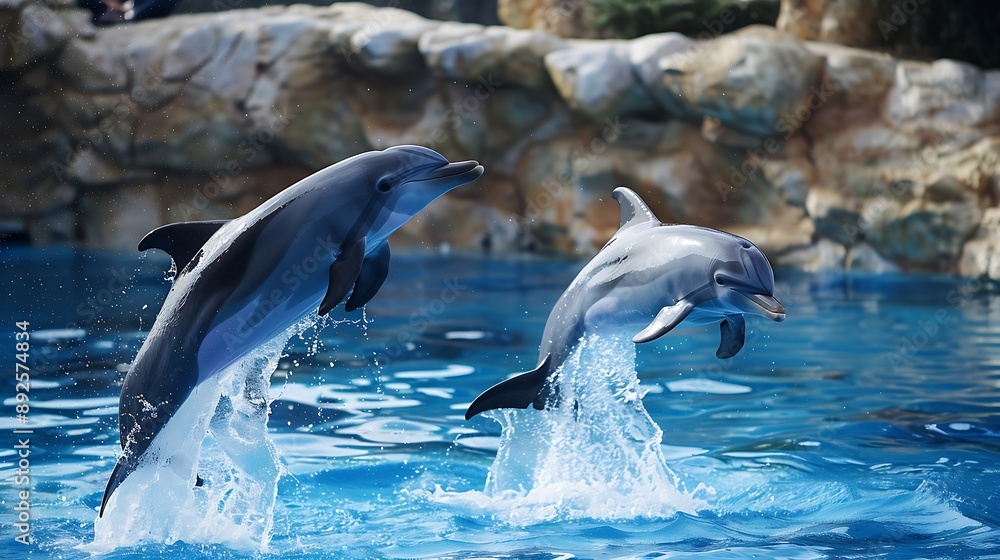 Obraz premium Couple of dolphins dancing in blue water