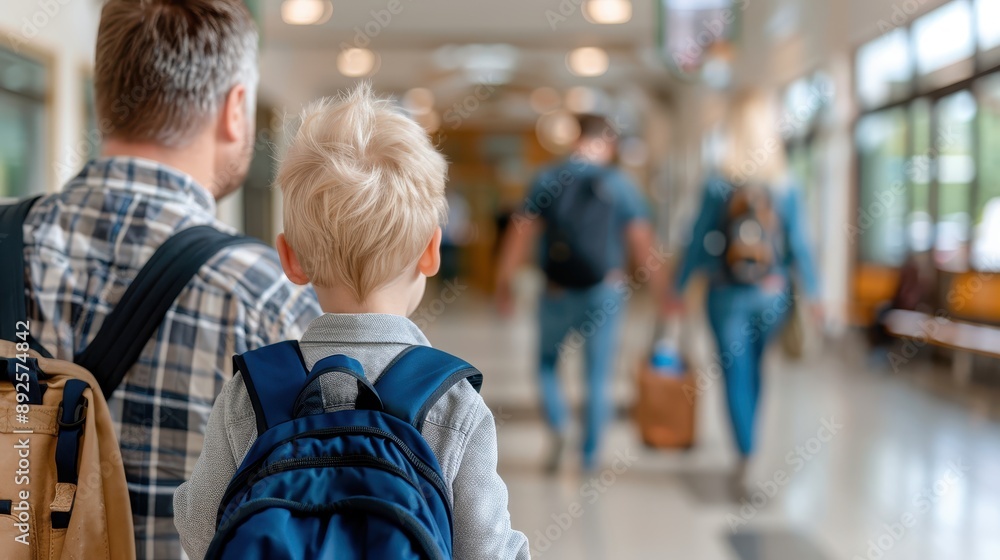 A man and child with backpacks walk together through an airport terminal, heading toward an uncertain destination, symbolizing travel, connection, and adventure. A man and child with backpacks walk together through an airport terminal, heading toward an uncertain destination, symbolizing travel, connection, and adventure.