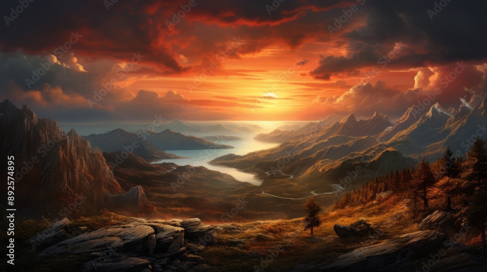 Fototapeta premium Sunset casting a warm glow on a vast mountain panorama
