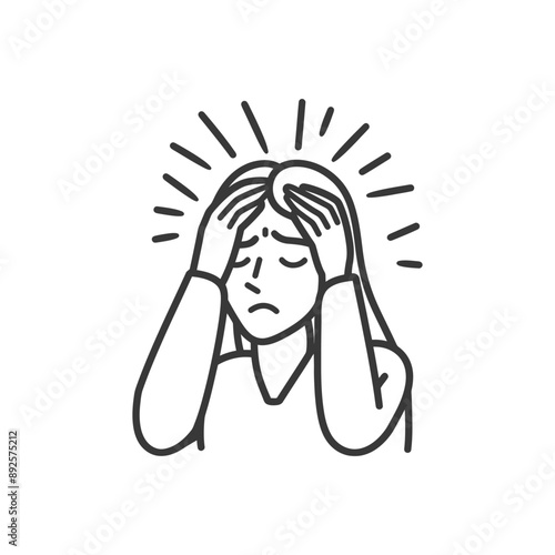 woman holding headache in pain minimalist line art icon logo symbol 