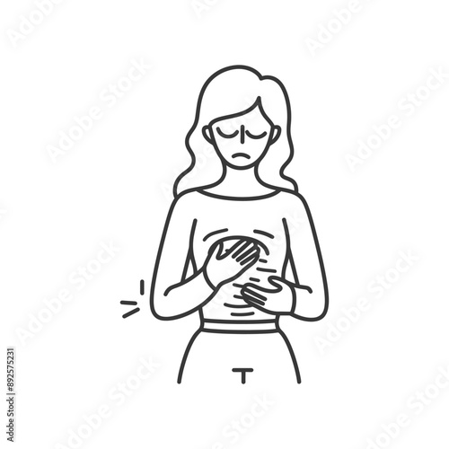 woman holding stomach in pain minimalist line art icon logo symbol 