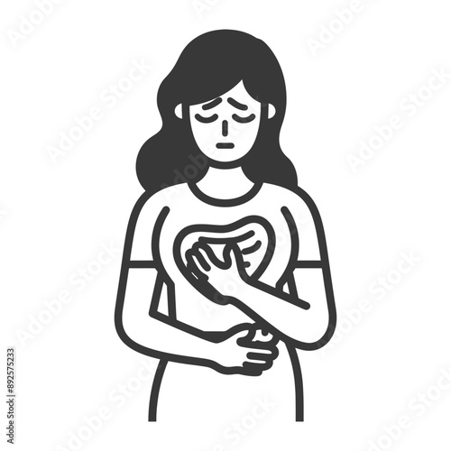 woman holding stomach in pain minimalist line art icon logo symbol 