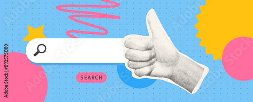 Stylized illustration featuring white search bar with magnifying glass icon and thumbs up hand gesture. Halftone modern collage, online search. Vector illustration
