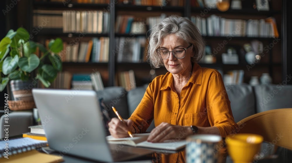 A woman in a yellow shirt is writing on a laptop. She is sitting in a living room with a potted plant and a bookcase A woman in a yellow shirt is writing on a laptop. She is sitting in a living room with a potted plant and a bookcase