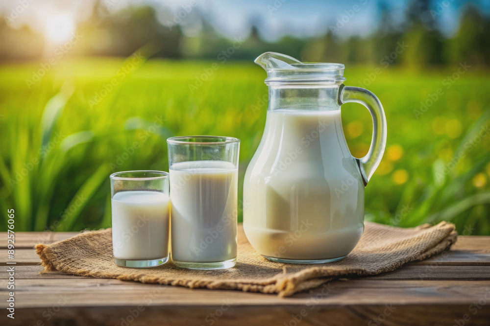 Fresh Milk in Glass Pitcher and Glasses on Wooden Table. Fresh Milk in Glass Pitcher and Glasses on Wooden Table.