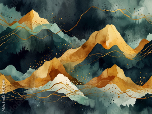Abstract mountain landscape with golden accents, watercolor abstract background with golden lines 