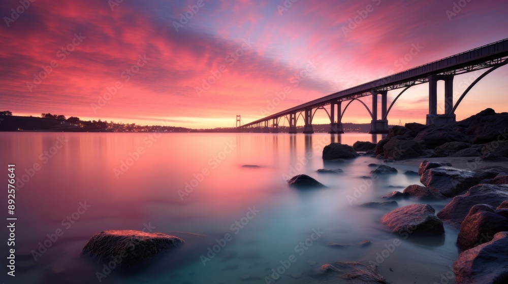 Tranquil bay and bridge at dawn, long exposure highlighting serene water and colorful horizon Tranquil bay and bridge at dawn, long exposure highlighting serene water and colorful horizon