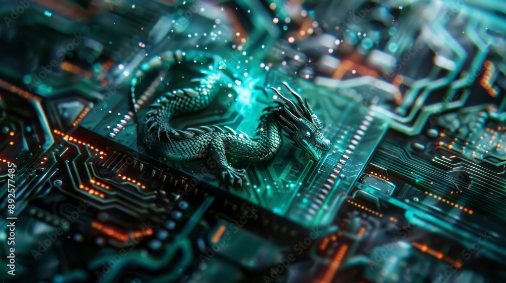 big data on circuit board with dragon hologram big data on circuit board with dragon hologram