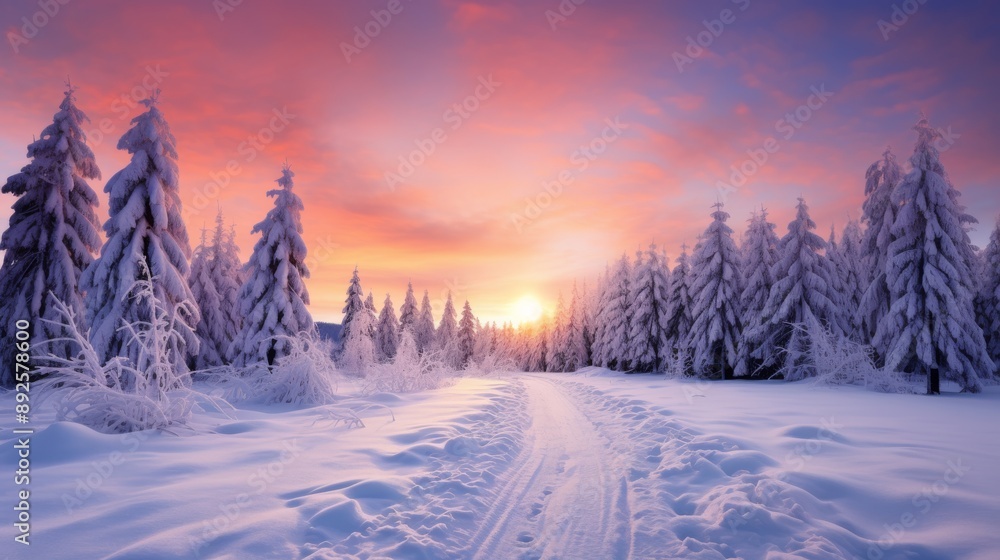 Vibrant sunrise over snowy road, snow-covered trees lining the way, and peaceful winter morning Vibrant sunrise over snowy road, snow-covered trees lining the way, and peaceful winter morning
