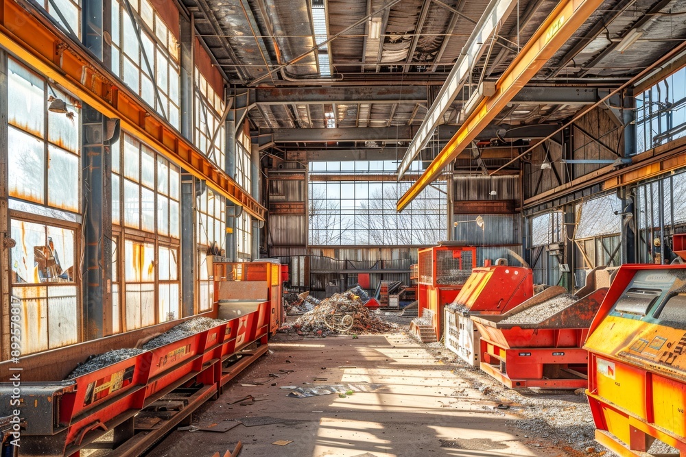 Facility's metal recycling section, with shiny, sorted metal pieces, brightly painted machinery, and large windows letting in natural light Facility's metal recycling section, with shiny, sorted metal pieces, brightly painted machinery, and large windows letting in natural light