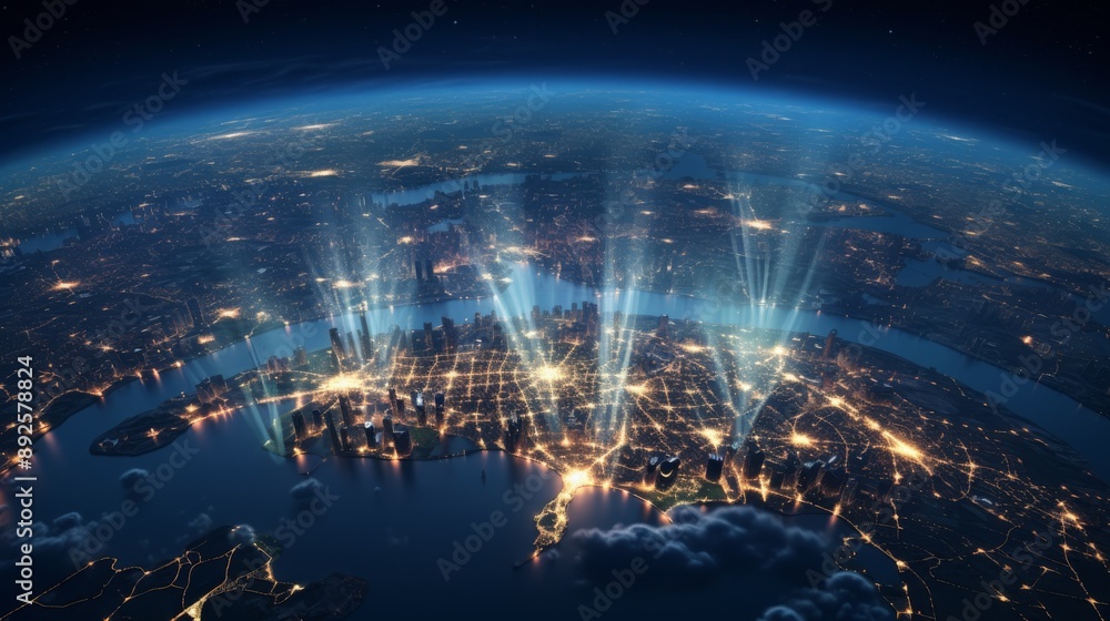 View of Earth at night from space with city lights glowing against dark background View of Earth at night from space with city lights glowing against dark background