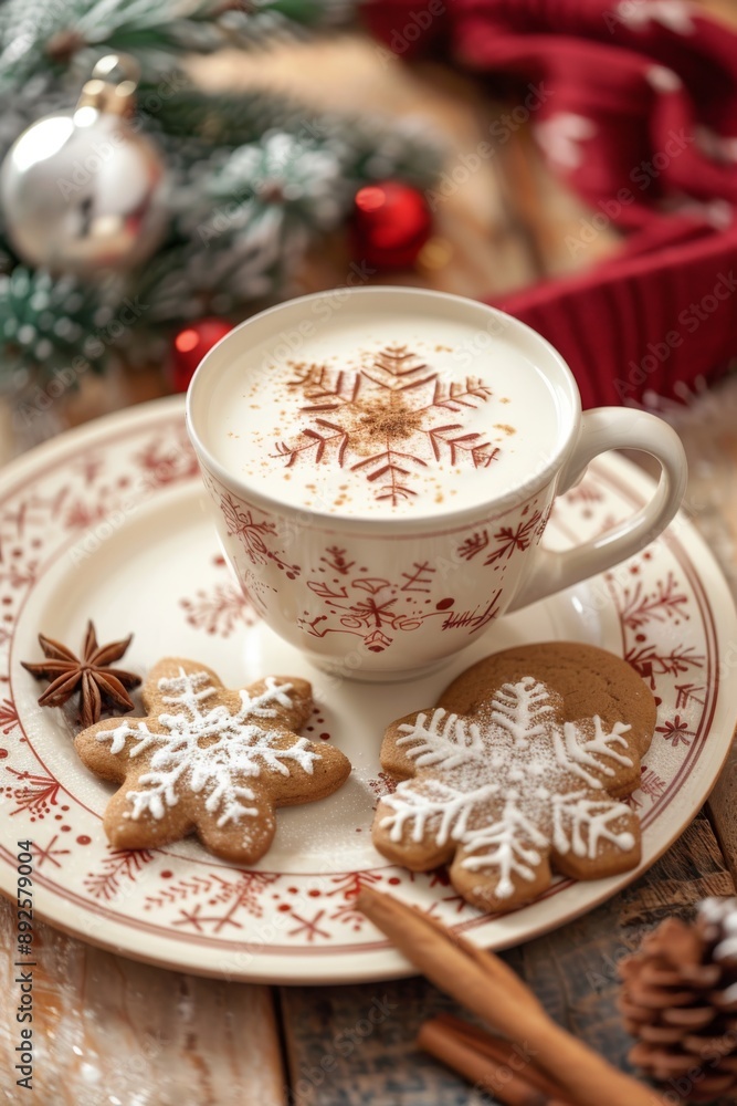 A delicious eggnog and gingerbread cookie sit on a festive holiday plate, surrounded by holly and red berries. Perfect for a cozy winter evening. A delicious eggnog and gingerbread cookie sit on a festive holiday plate, surrounded by holly and red berries. Perfect for a cozy winter evening.