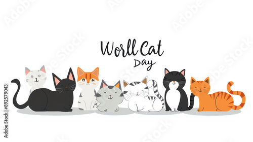 A charming illustration of various cat breeds, each with distinct features, set against a natural, leafy background. Ideal for pet content, animal lovers, or artistic designs, World Cat Day photo