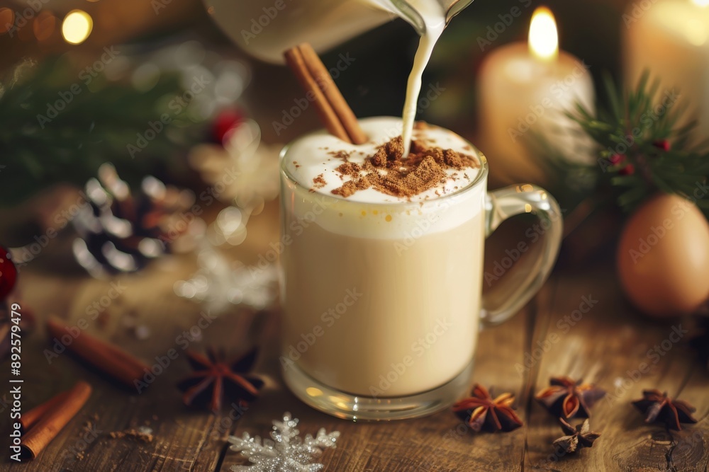 A festive eggnog latte with frothing milk forms a delightful 'Egg Nog Day' artwork, spreading holiday cheer. The creamy texture and warm colors evoke a cozy winter atmosphere. A festive eggnog latte with frothing milk forms a delightful 'Egg Nog Day' artwork, spreading holiday cheer. The creamy texture and warm colors evoke a cozy winter atmosphere.