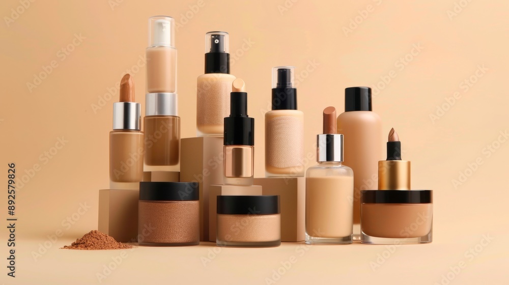 Makeup Essentials for a Flawless Look: Foundation, Concealer, and Lipsticks - A collection of beauty products, including foundation, concealer, lipstick, and powder, symbolize flawless skin, perfect c Makeup Essentials for a Flawless Look: Foundation, Concealer, and Lipsticks - A collection of beauty products, including foundation, concealer, lipstick, and powder, symbolize flawless skin, perfect c
