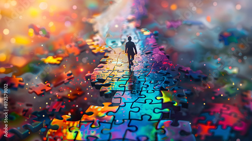 Miniature figure walking on an elevated path made of colorful puzzle pieces surrounded by scattered puzzle pieces in a soft dreamy background with reflections dynamic lighting