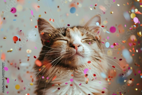 Adorable emoji cats surrounded by colorful confetti spelling out a heartwarming message, 'hug your cat'. A playful and joyful visual treat for cat lovers. photo