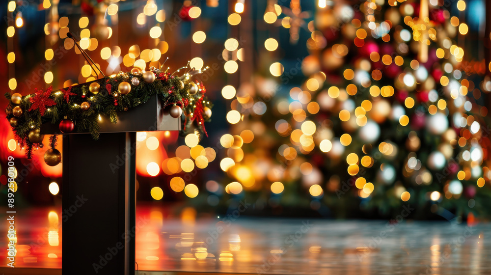 Festive podium decorated with garlands and ornaments, illuminated by soft light, against a blurred Christmas tree background Festive podium decorated with garlands and ornaments, illuminated by soft light, against a blurred Christmas tree background