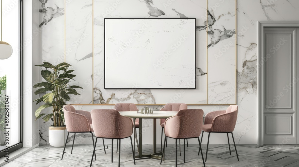 Modern Dining Room Interior with Marble Walls and Pink Velvet Chairs - A stylish and minimalist dining room with marble walls, pink velvet chairs, and a large blank canvas, symbolizing elegance, sophi Modern Dining Room Interior with Marble Walls and Pink Velvet Chairs - A stylish and minimalist dining room with marble walls, pink velvet chairs, and a large blank canvas, symbolizing elegance, sophi
