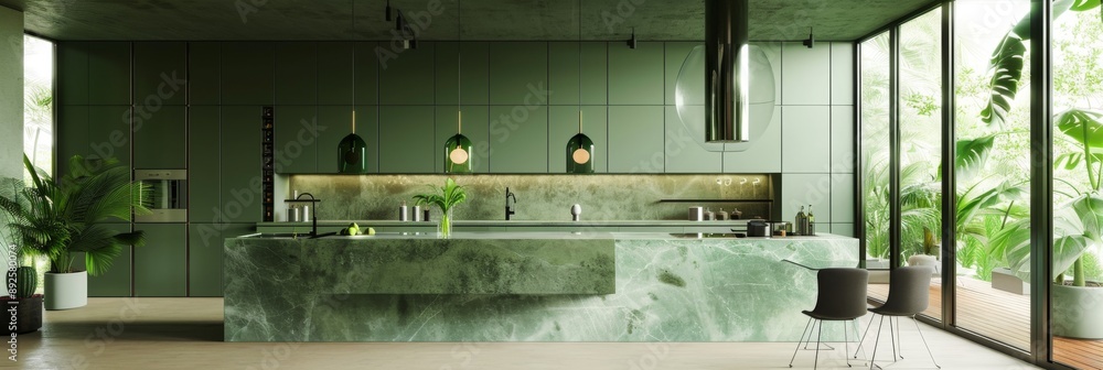 Modern Green Kitchen Design with Marble Countertop and Tropical View ...