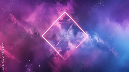 Abstract neon background with glowing diamond shape and spinning cloud. Blank geometric frame