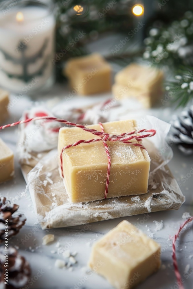 Rich and creamy eggnog fudge wrapped in special 'Egg Nog Day' packaging, perfect for the holiday season. The festive design adds to the indulgent treat's appeal. Rich and creamy eggnog fudge wrapped in special 'Egg Nog Day' packaging, perfect for the holiday season. The festive design adds to the indulgent treat's appeal.