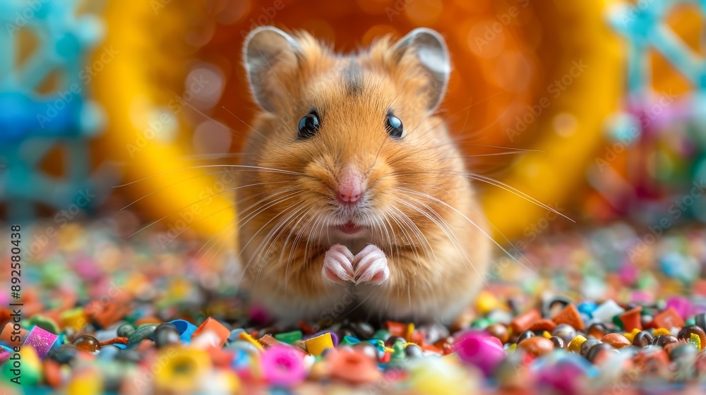 Fish-eye Lens Effect of a Hamster Stuffing Its Cheeks with Food - In a colorful playpen filled with toys Fish-eye Lens Effect of a Hamster Stuffing Its Cheeks with Food - In a colorful playpen filled with toys
