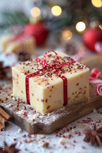 Rich and creamy eggnog fudge wrapped in special 'Egg Nog Day' packaging, perfect for the holiday season. The festive design adds to the indulgent treat's appeal.