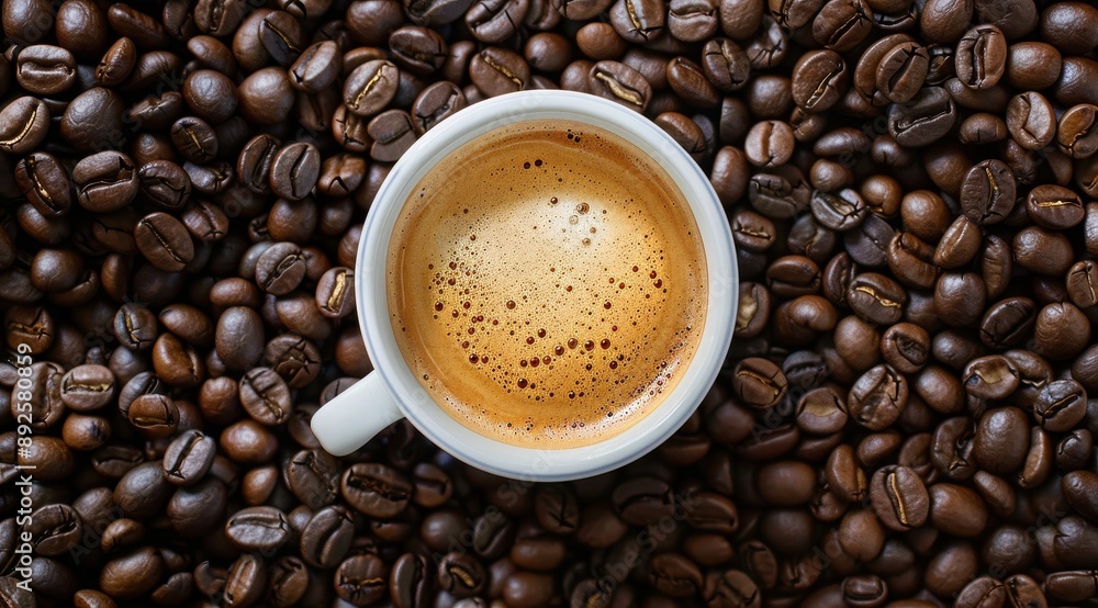 A cup of coffee surrounded by coffee beans, top view. The background is filled with dark brown coffee beans. A cup of coffee surrounded by coffee beans, top view. The background is filled with dark brown coffee beans.
