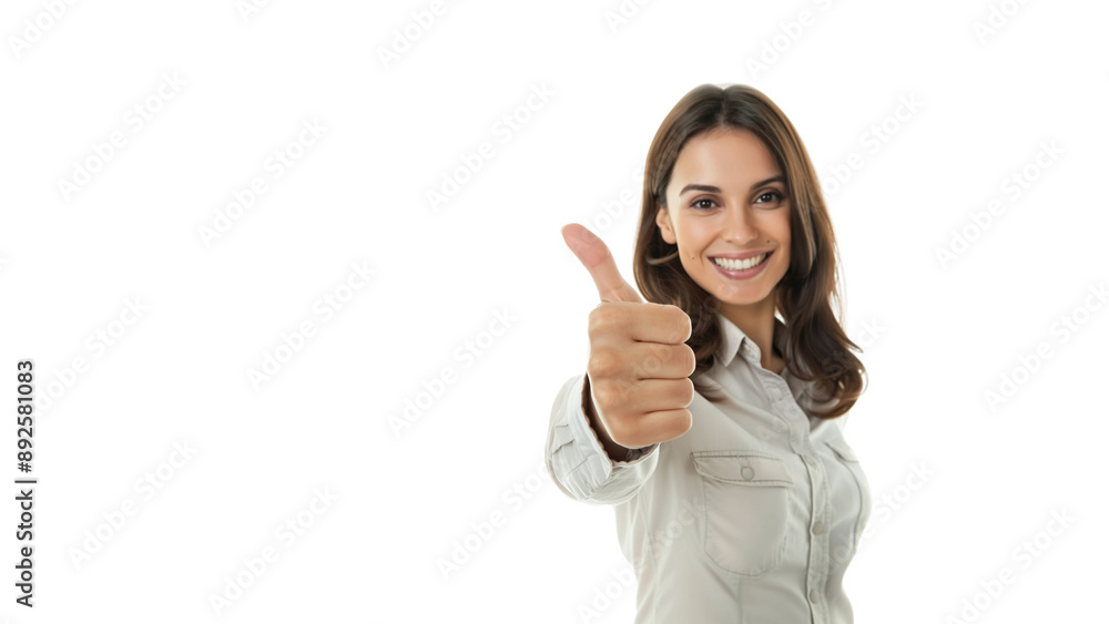 Business woman smiling and showing thumbs up,copy space,web banner,isolated on white background. Business woman smiling and showing thumbs up,copy space,web banner,isolated on white background.