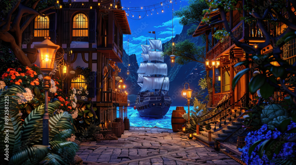 Quaint harbor scene with an old sailing ship navigating through calm waters, surrounded by charming illuminated buildings and lush greenery Quaint harbor scene with an old sailing ship navigating through calm waters, surrounded by charming illuminated buildings and lush greenery