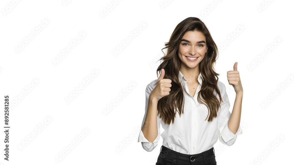 Business woman smiling and showing thumbs up,copy space,web banner,isolated on white background. Business woman smiling and showing thumbs up,copy space,web banner,isolated on white background.