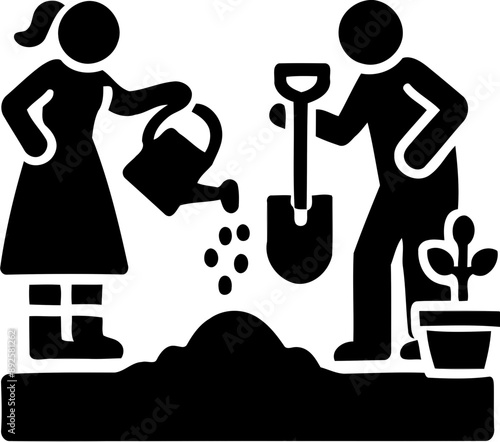 Silhouette of people gardening, watering plants and digging, teamwork and outdoor activity icon photo