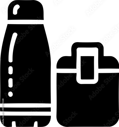 Silhouette of thermos bottle and lunchbox, portable food and drink containers icon
