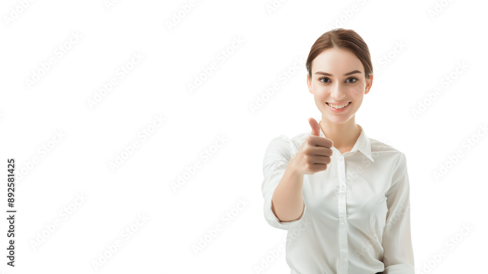 Business woman smiling and showing thumbs up,copy space,web banner,isolated on white background. Business woman smiling and showing thumbs up,copy space,web banner,isolated on white background.