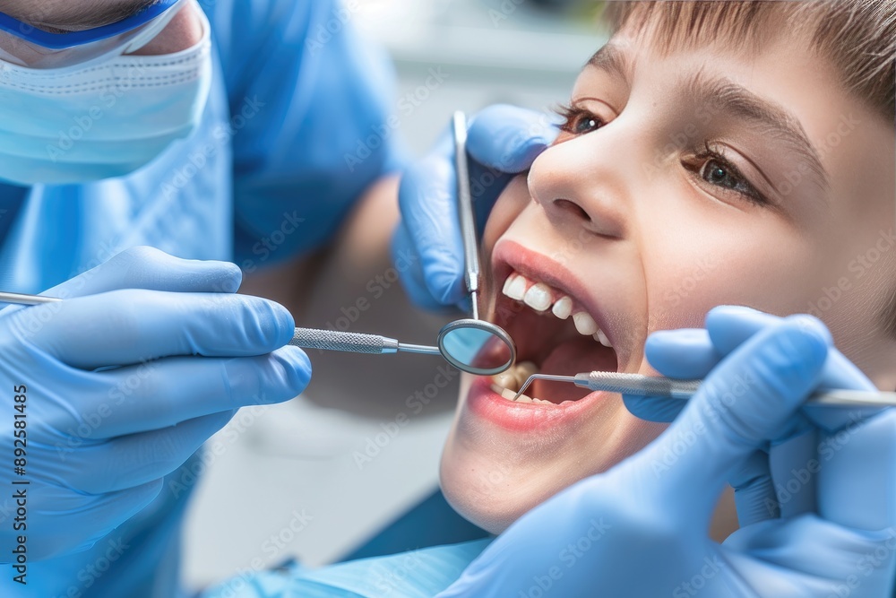 A dentist is working on a child's teeth. The child is wearing a blue shirt and the dentist is wearing blue gloves A dentist is working on a child's teeth. The child is wearing a blue shirt and the dentist is wearing blue gloves