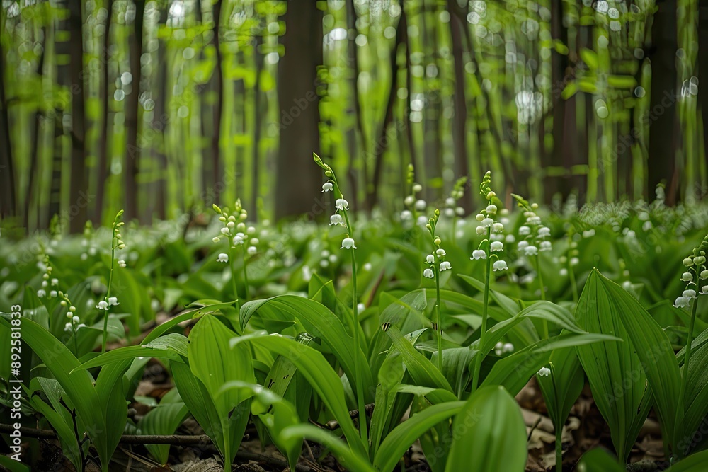 Fototapeta premium A lush green forest with a field of white flowers. The flowers are scattered throughout the field, creating a serene and peaceful atmosphere. The forest is filled with life