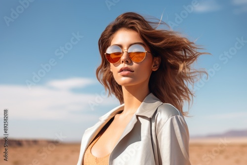 Young woman with sunglasses posing in a sunny desert Isolated on white background